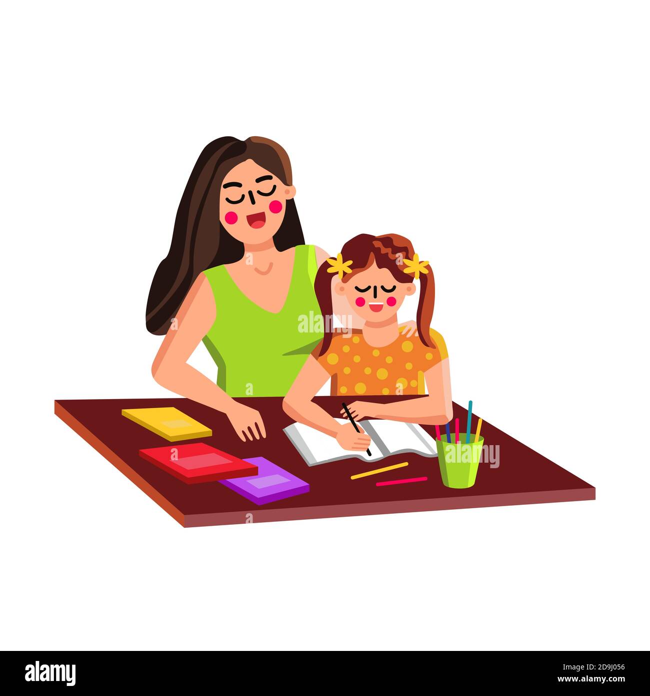 Mother Helping Daughter Kid With Homework Vector Stock Vector