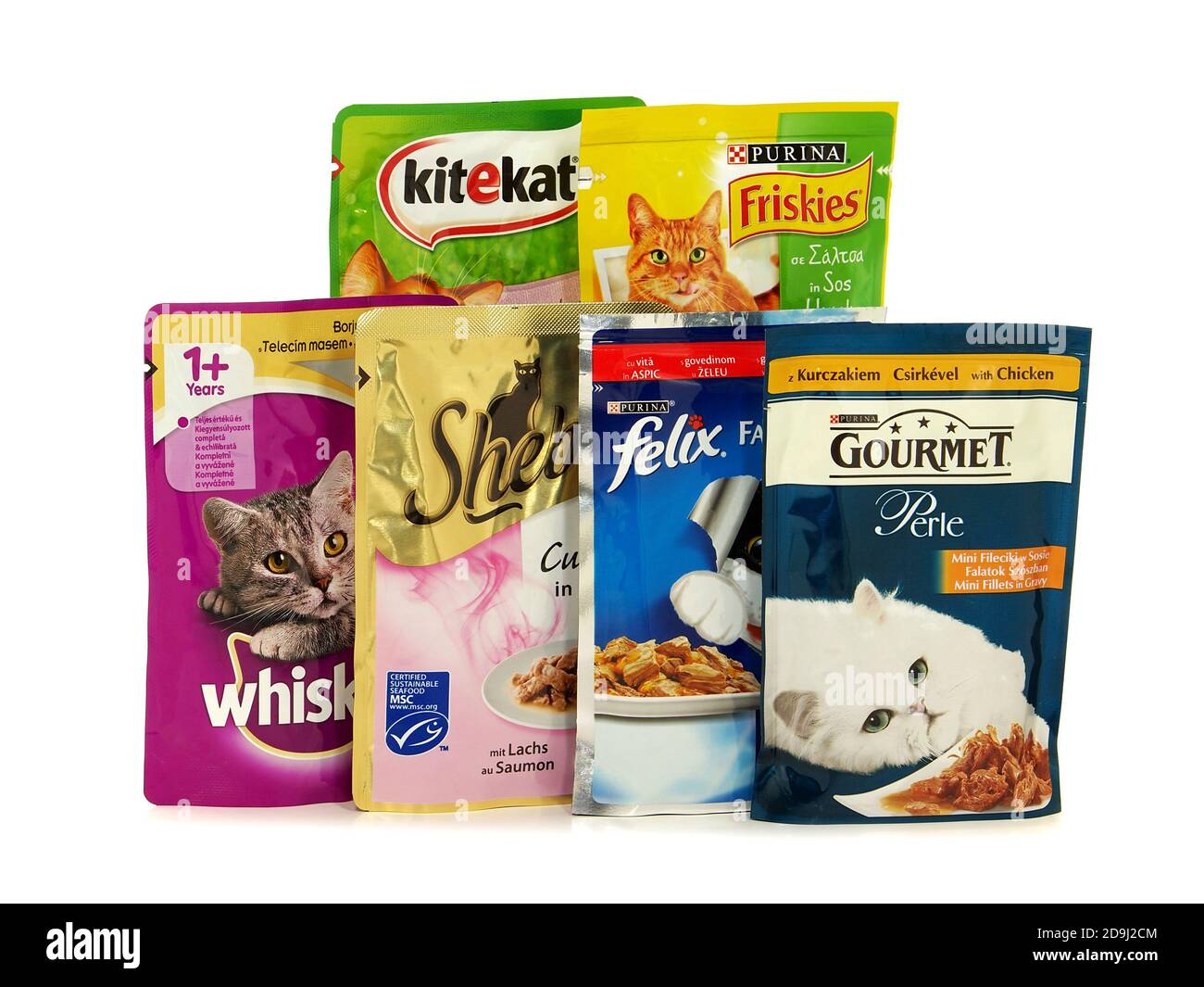 BUCHAREST, ROMANIA JANUARY 12, 2016. Various brands of wet cat food