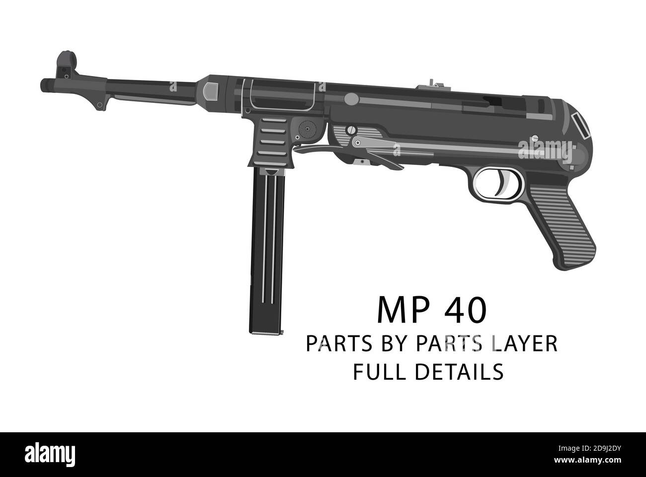 MP40 machine pistol | WW2 weapons. Full details world war 2 MP40 machine pistol Stock Vector