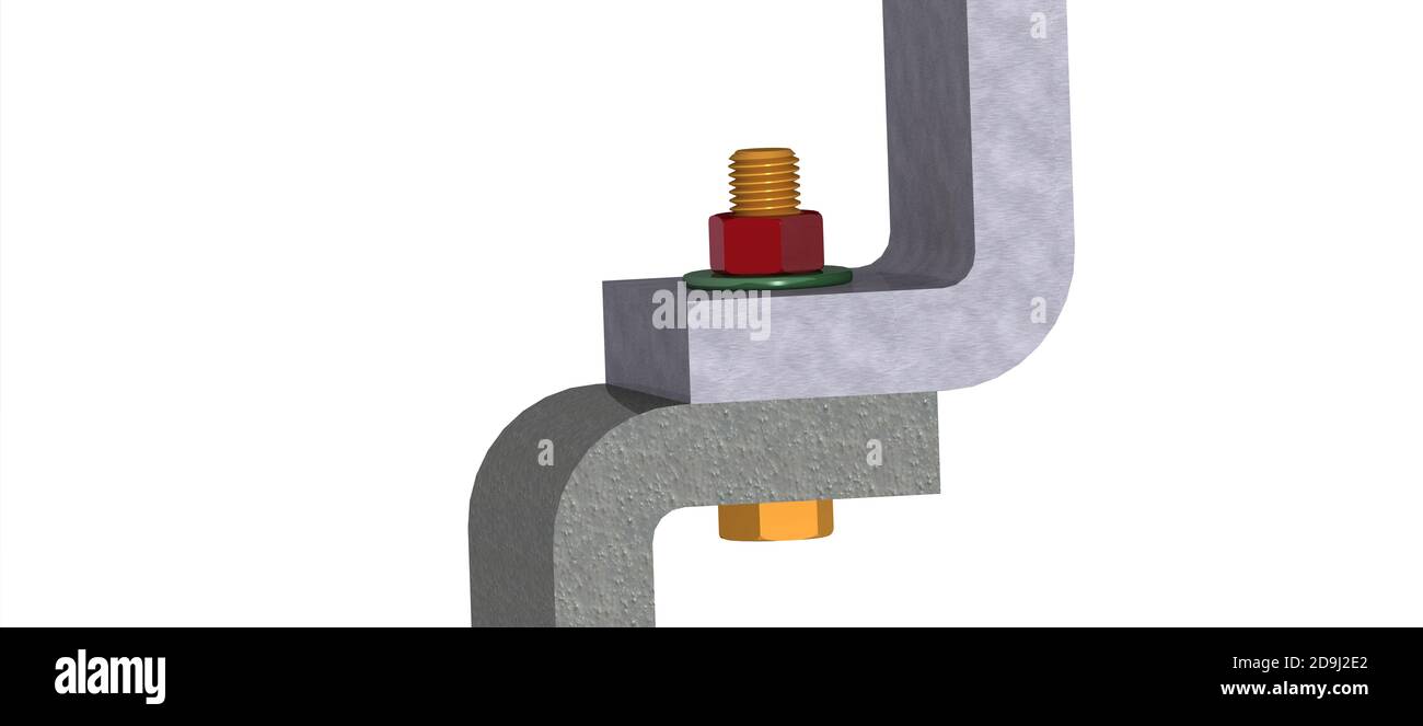 Assembly of two components with bolt, screw and nut with washer