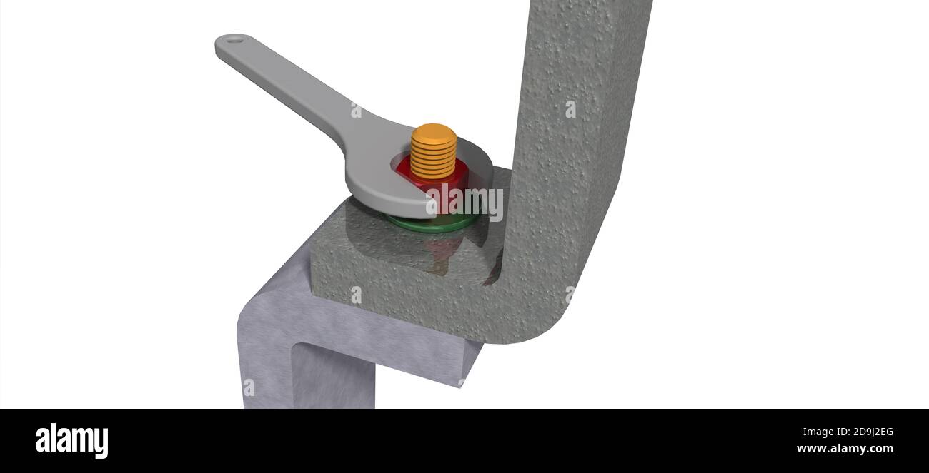 Assembly of two components with bolt, screw and nut with washer and