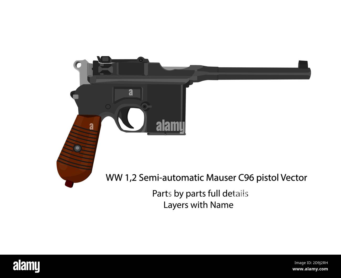 WW1 and WW2 semi-automatic Mauser pistol vector | WW2 pistols. Stock Vector