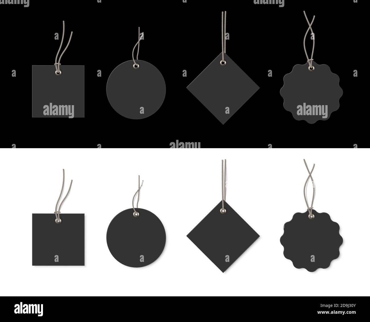 Black price or label tags mockup template set. Blank cards with strings for gifts or sales of different shapes: round, rectangle, square. Stickers on Stock Vector