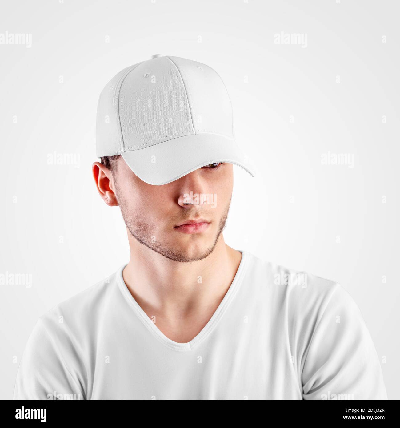 Template of a white baseball cap on a guy's head, headdress for protection  from the sun, isolated on background. Sports hat mockup with visor, univers  Stock Photo - Alamy