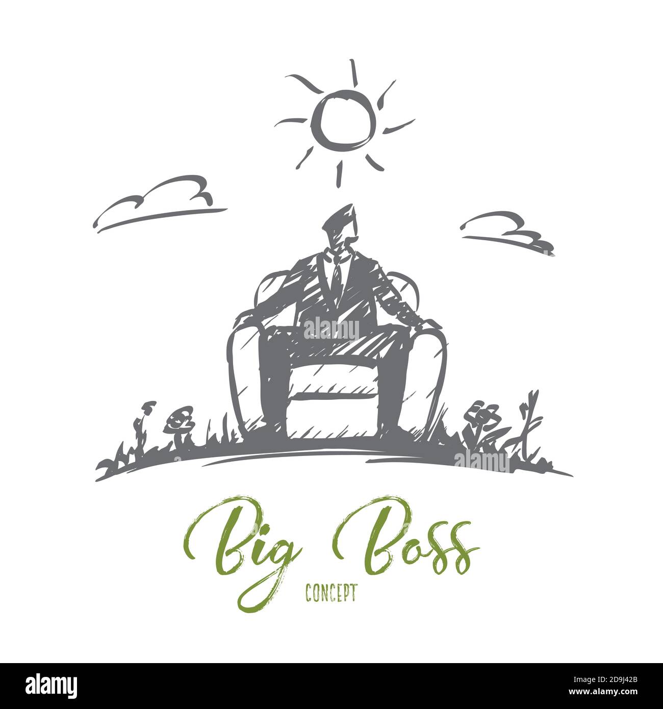 Vector hand drawn big boss concept sketch with businessman sitting on big armchair on nature Stock Vector