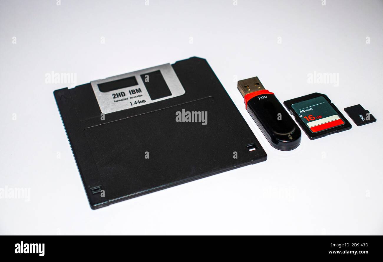 Old floppy disk, usb flash, memory card and micro memory card on white
