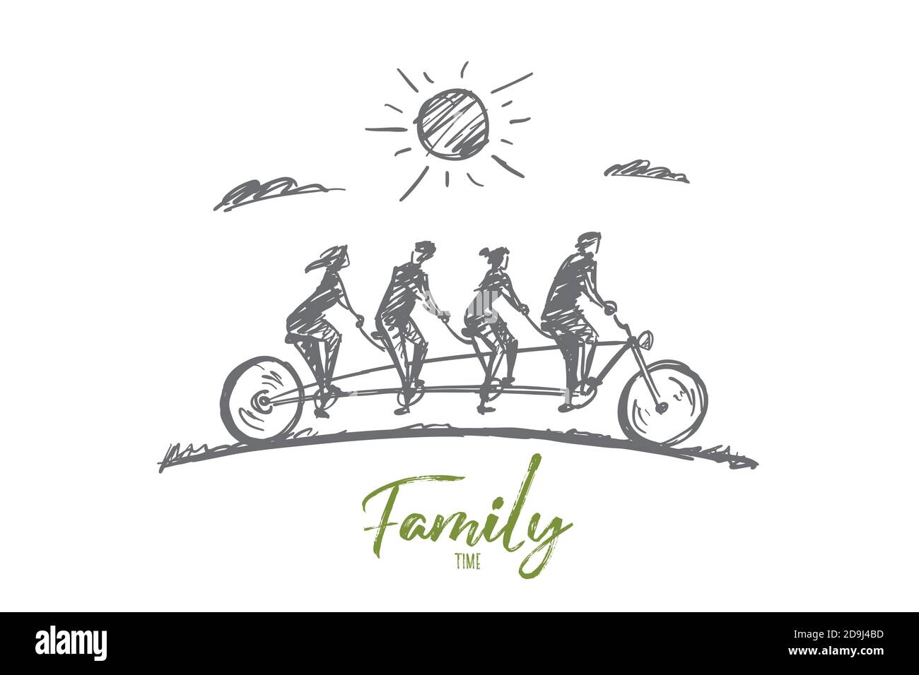 Vector hand drawn Family time concept sketch. Family consisting of four members riding one big bicycle together in summer. Lettering Family time Stock Vector