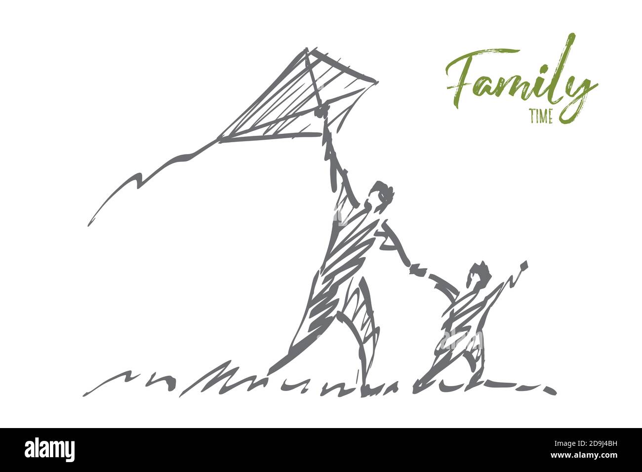 Vector hand drawn Family time concept sketch. Dad and son flying kite together in summer. Lettering Family time Stock Vector