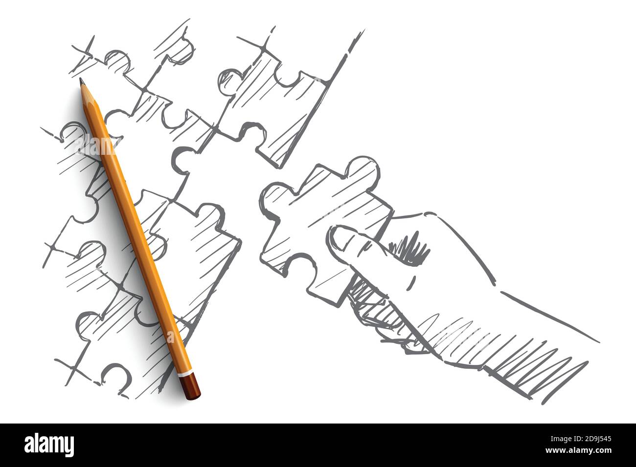 Vector hand drawn puzzle hand concept sketch with pencil over it. Human