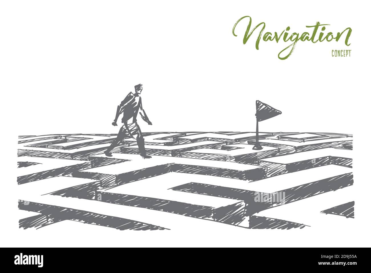 Vector hand drawn navigation concept sketch. Man walking alone above maze towards navigation flag. Lettering Navigation concept Stock Vector