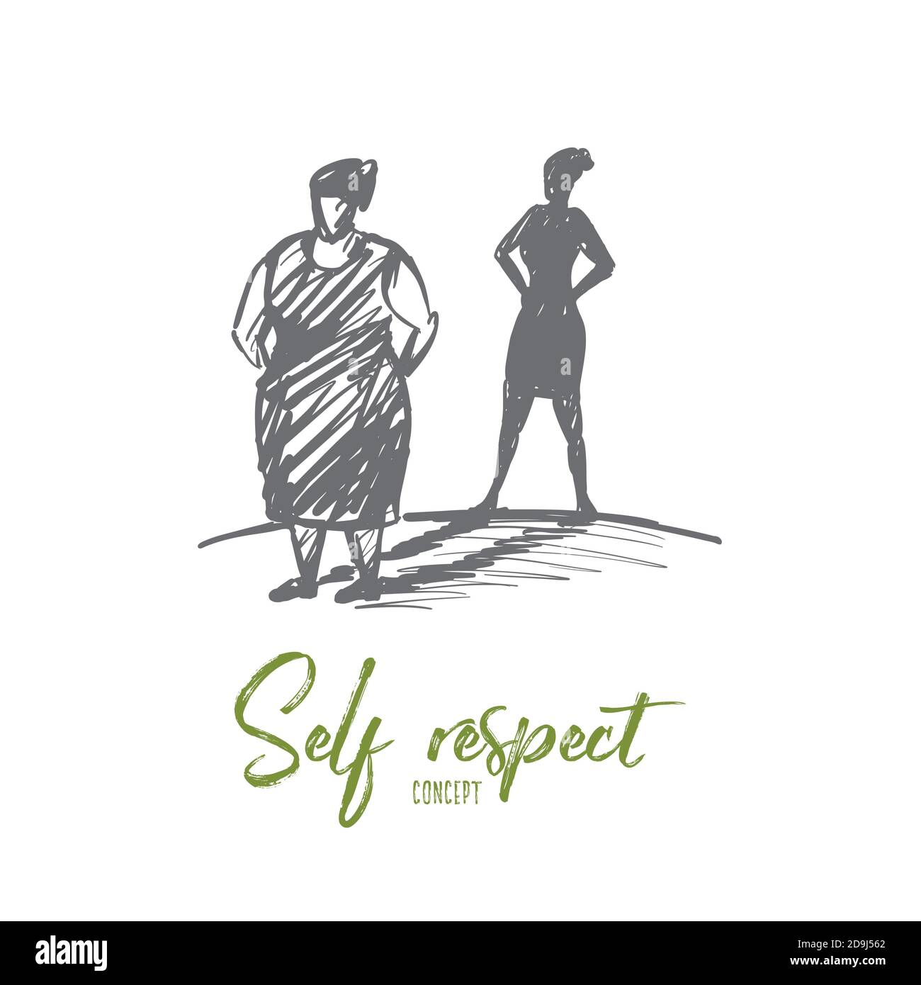 Vector hand drawn self respect concept sketch with fat woman standing and shadow of slim lady behind Stock Vector