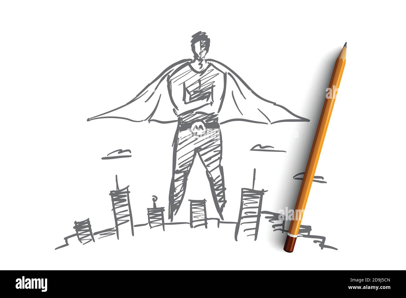 Vector hand drawn hero man concept sketch with pencil over it. Super man in traditional costume over big city Stock Vector