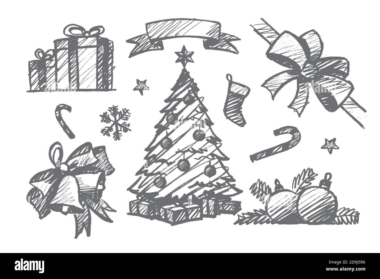 https://c8.alamy.com/comp/2D9J5R6/vector-hand-drawn-christmas-concept-sketch-holiday-present-boxes-ribbon-fir-tree-with-decoration-and-gifts-bow-jingle-bells-magic-wands-snowfla-2D9J5R6.jpg