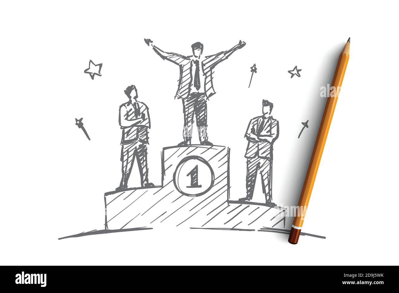 Vector hand drawn businessman number one concept sketch. Happy businessman standing on the first place of podium with raised hands, the second and the Stock Vector