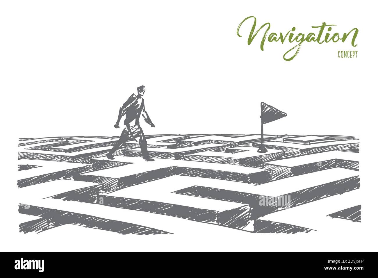 Hand drawn man walking on maze to navigation flag Stock Vector