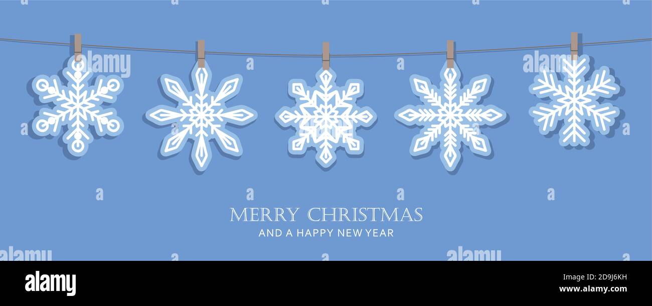 blue christmas card with hanging snowflakes vector illustration EPS10 Stock Vector