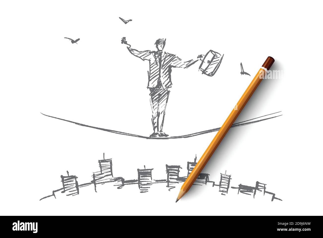 Balance Drawing Rope Hand drawn businessman balancing on rope over city Stock Vector Image ...