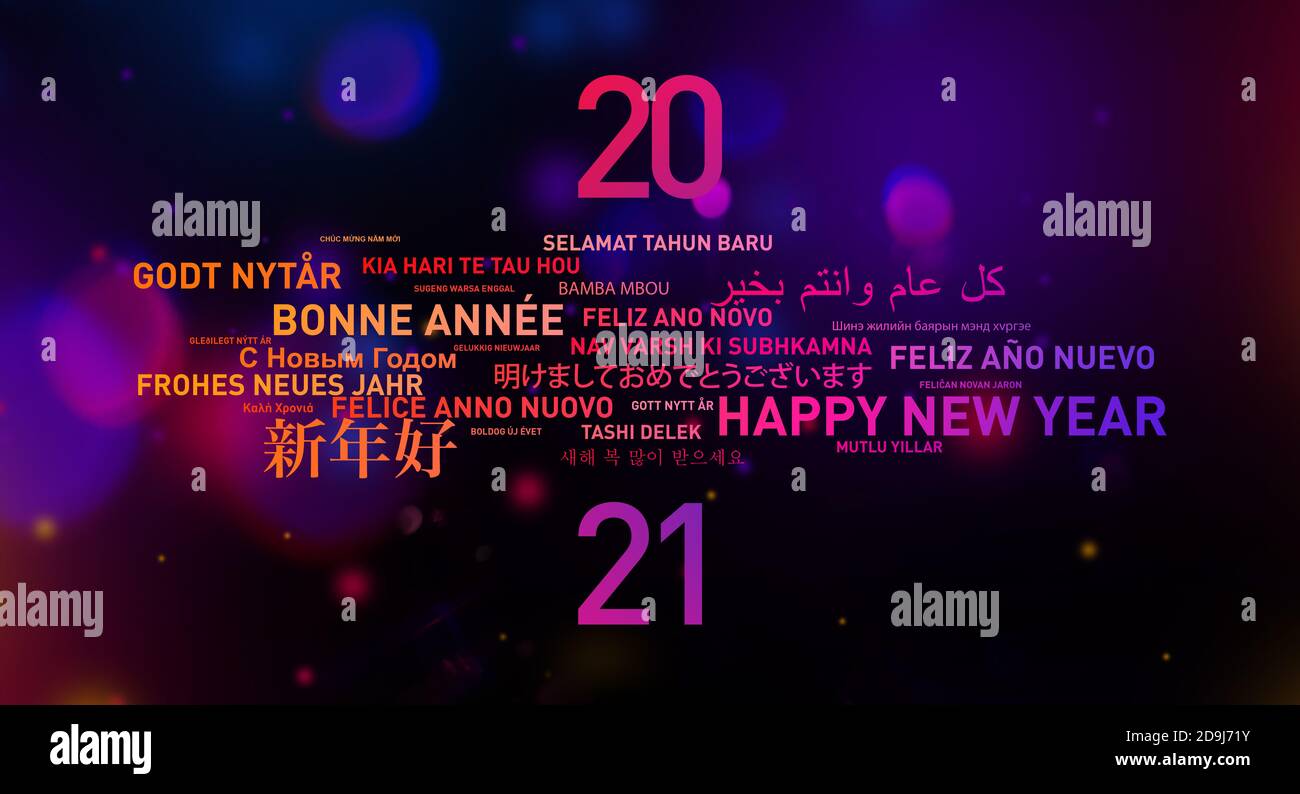2021 Happy New Year Greetings Card From The World In Different Langages Stock Photo Alamy