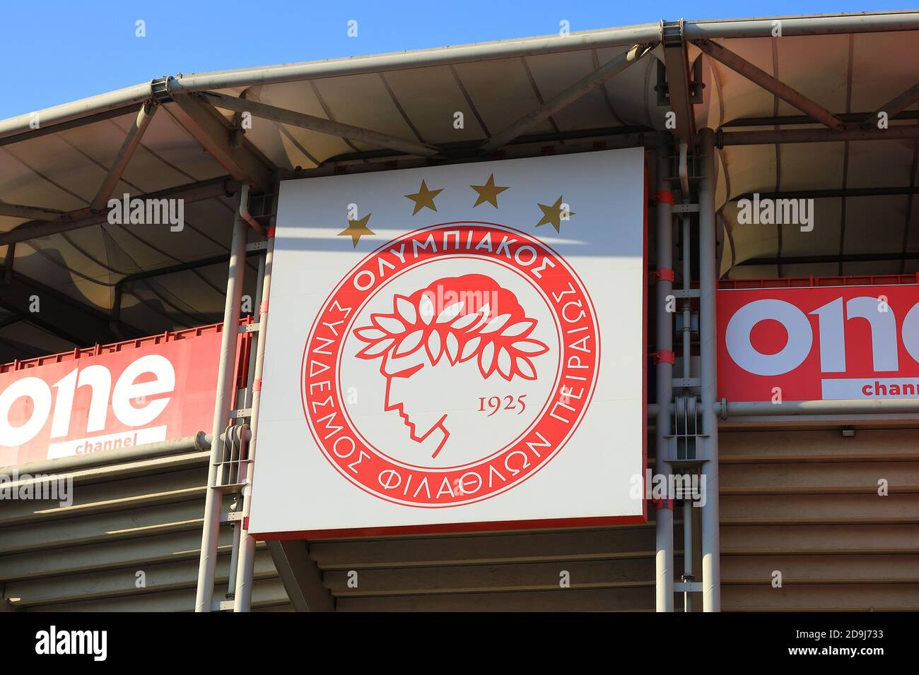 The crest of Olympiacos adorns the Karaiskakis Stadium.  Olympiacos is a professional football team in the Greek city of Piraeus. Stock Photo