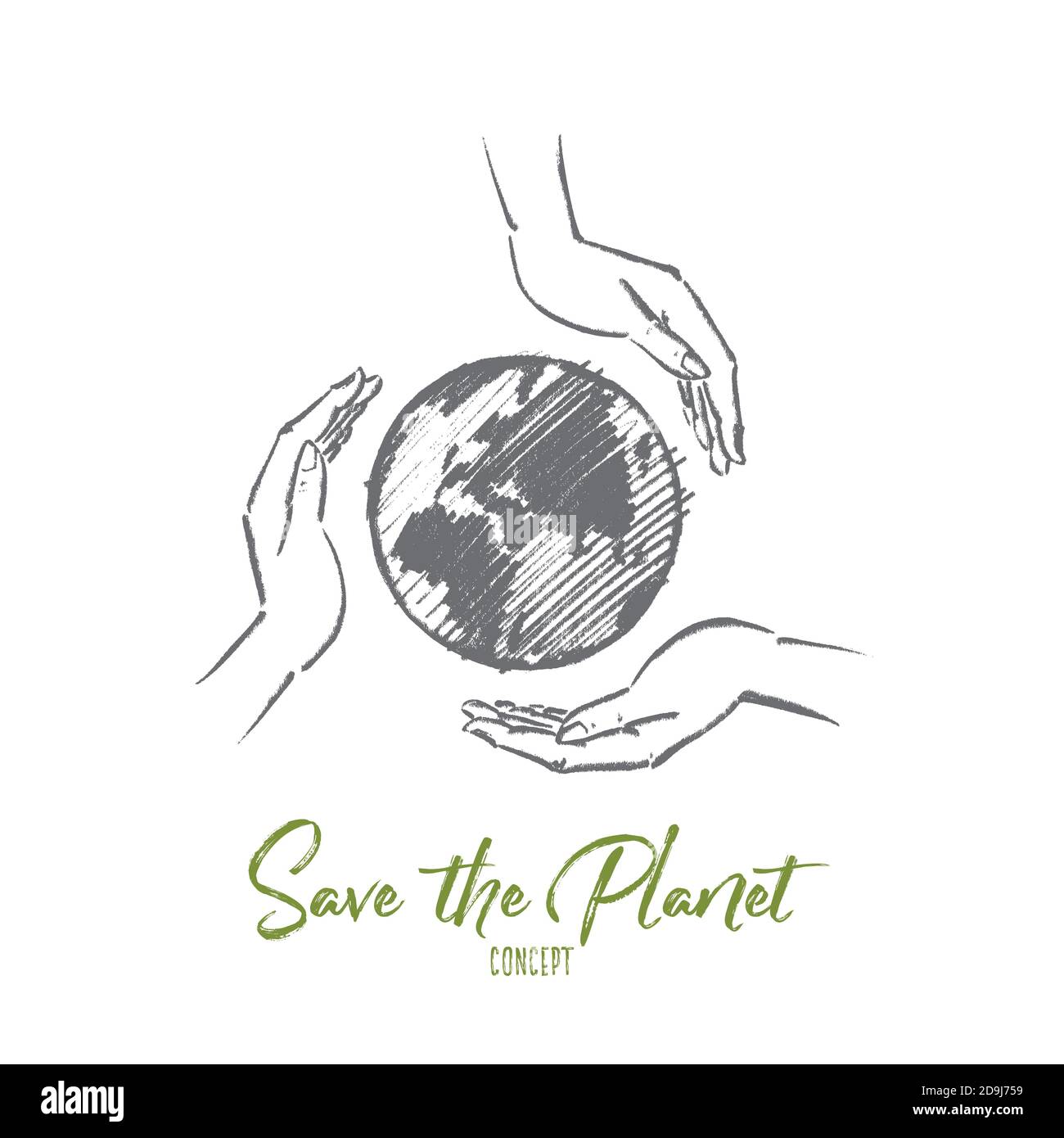 Hand drawn globe between three caring human hands Stock Vector