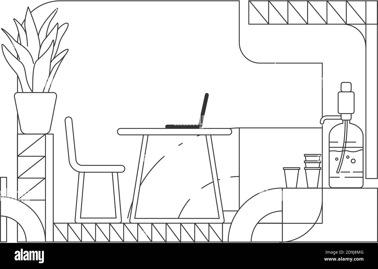 Home office interior design outline vector illustration Stock Vector
