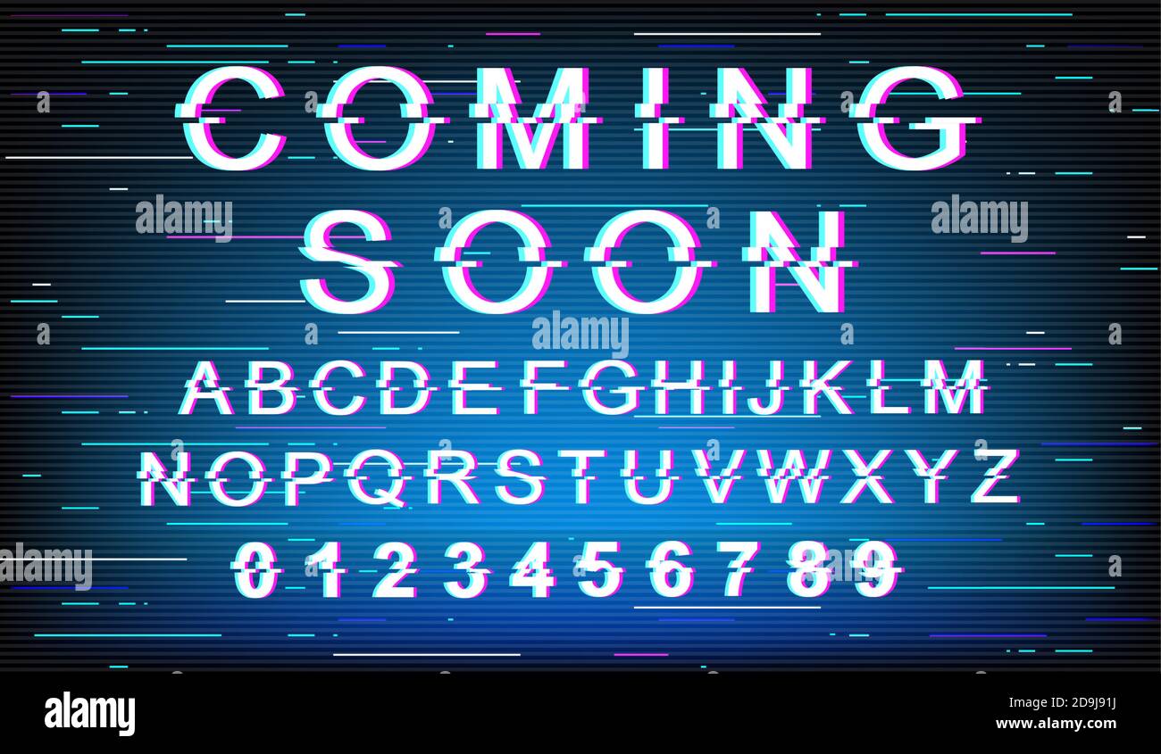 Coming soon glitch font template Stock Vector