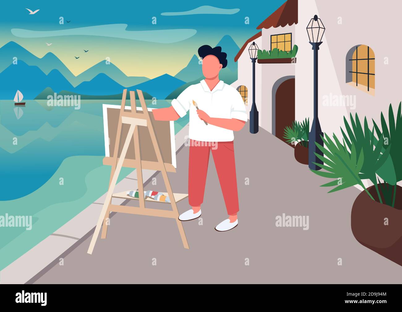 Artist painting at seaside flat color vector illustration Stock Vector ...