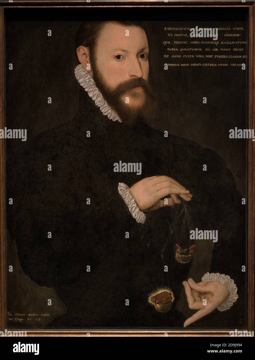 Sir Thomas Chaloner (1521-1565). English statesman and poet. Portrait by an unknown Flemish artist. He is depicted holding a pair of scales in his right hand which are weighted on the side of the blazing book (a symbol of intellect and learning) against the riches of the world, shown on the other side. Oil on panel, 1559. National Portrait Gallery. London, Egland, United Kingdom. Stock Photo