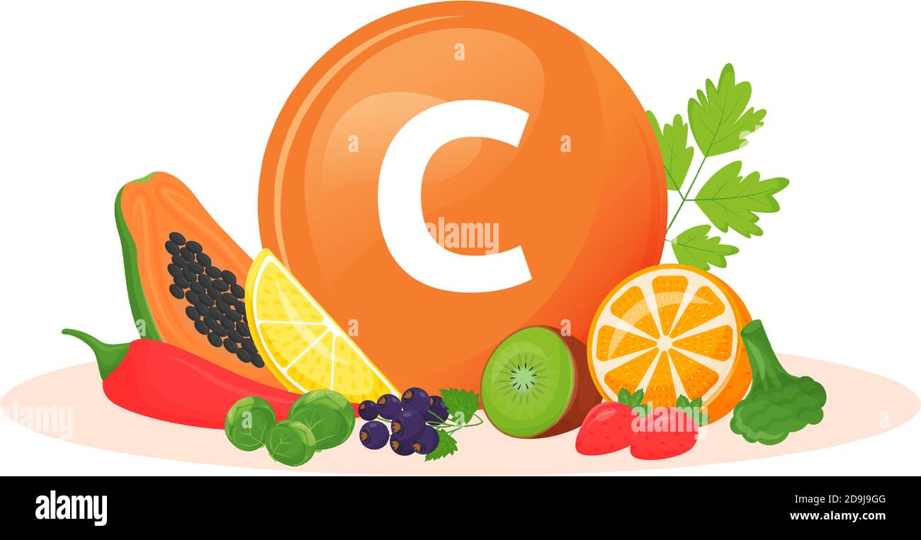 Vitamin C food sources cartoon vector illustration Stock Vector Image