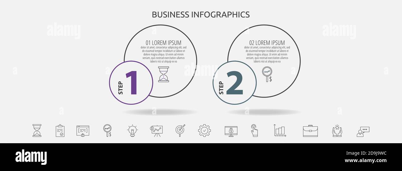 Circles vector line infographic with 2 step, icons. Timeline used for ...