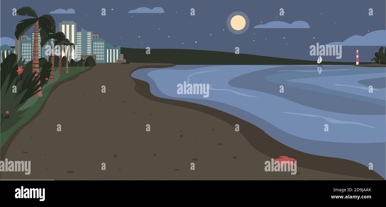 Sandy beach at night time flat color vector illustration Stock Vector ...