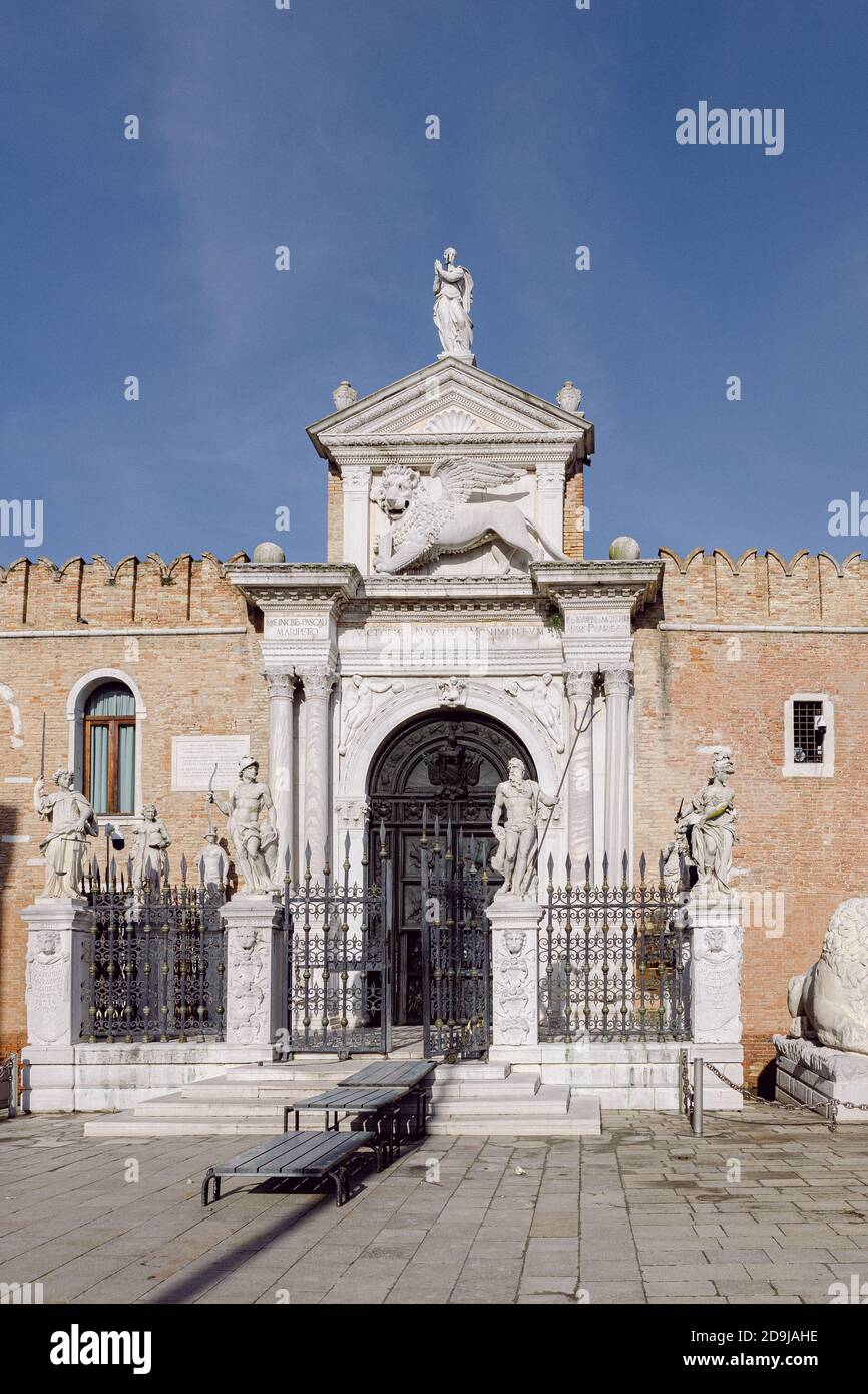 Arsenale in Castello, Venice, fortified castle, walls and towers with an entrance door Stock Photo