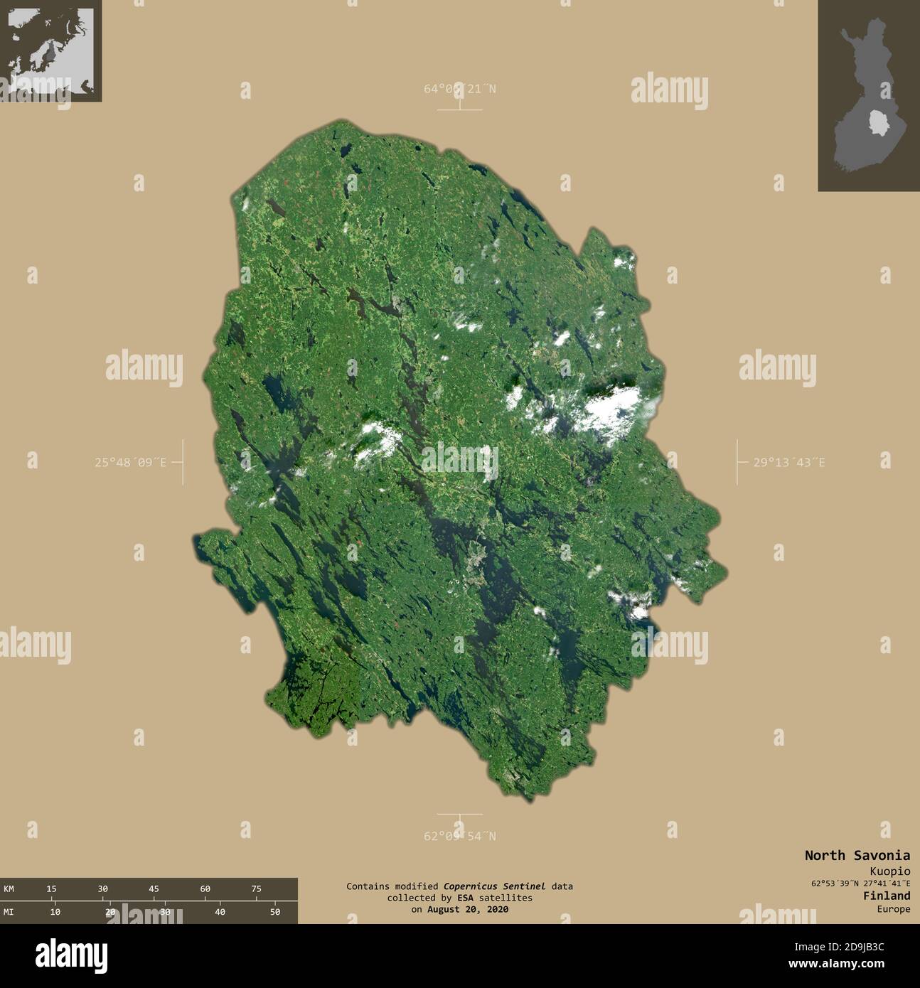 North Savonia, region of Finland. Sentinel-2 satellite imagery. Shape isolated on solid background with informative overlays. Contains modified Copern Stock Photo