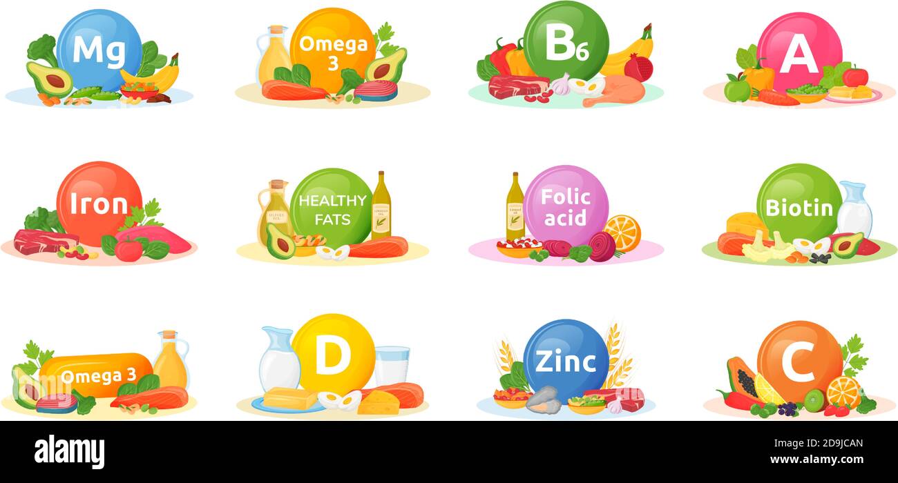 Products rich of vitamins, minerals for health cartoon vector illustrations  set Stock Vector Image & Art - Alamy