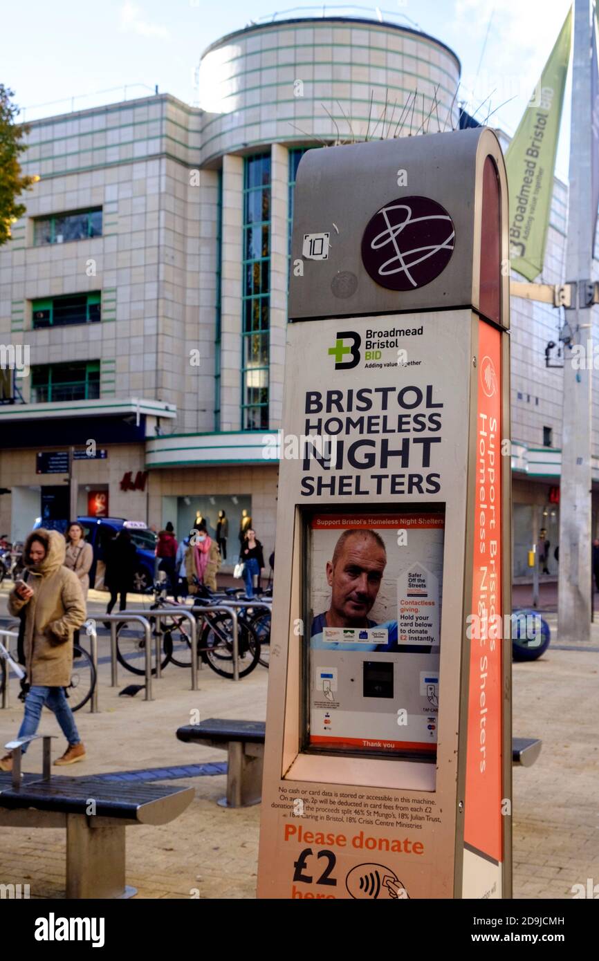 Cashless deposit point for Bristol's homeless, pictured shortly before the second covid lockdown in Broadmead shoppping centre Stock Photo