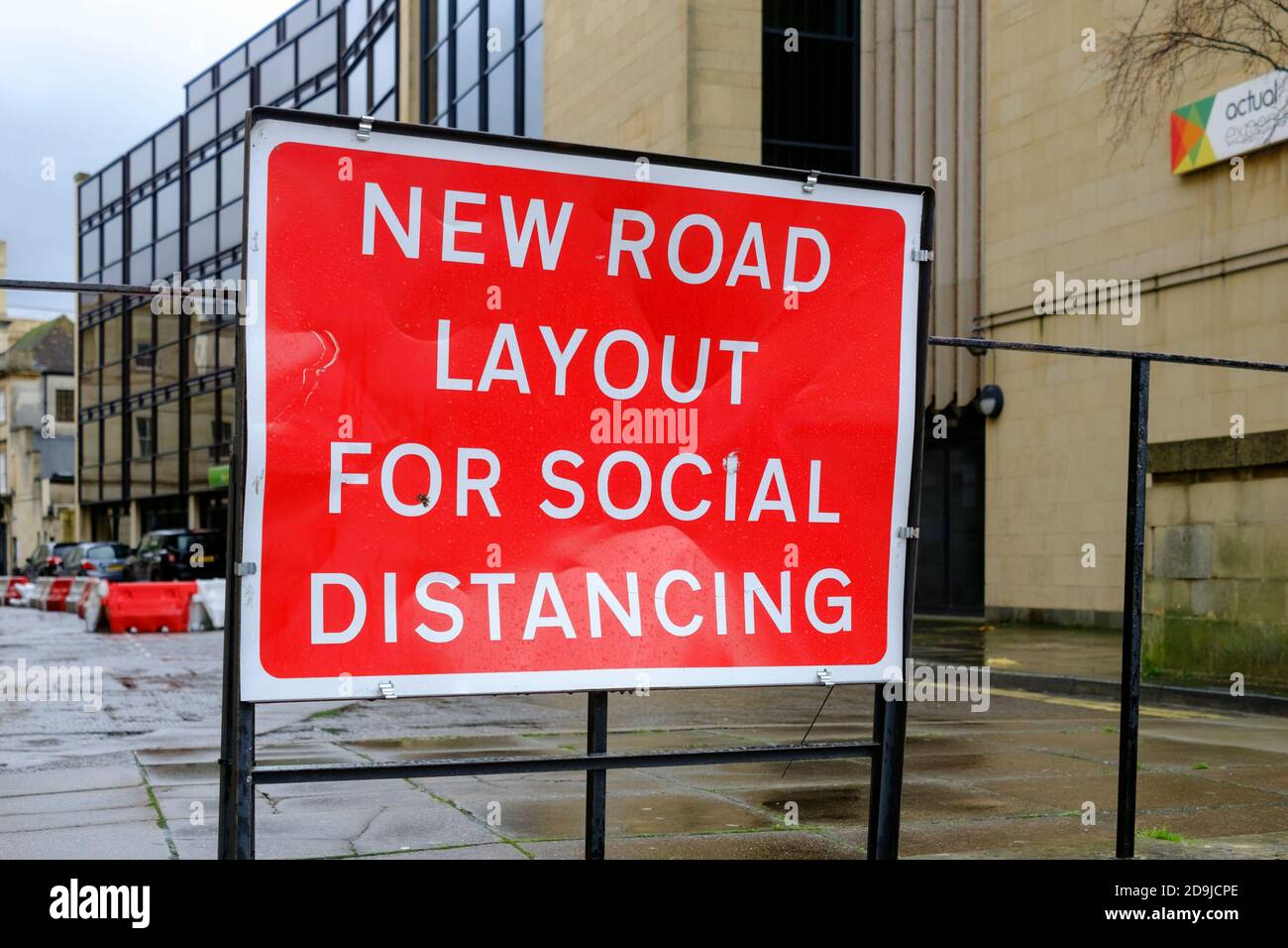 A red sign for a new social distancing road layout in Bath city centre. Stock Photo