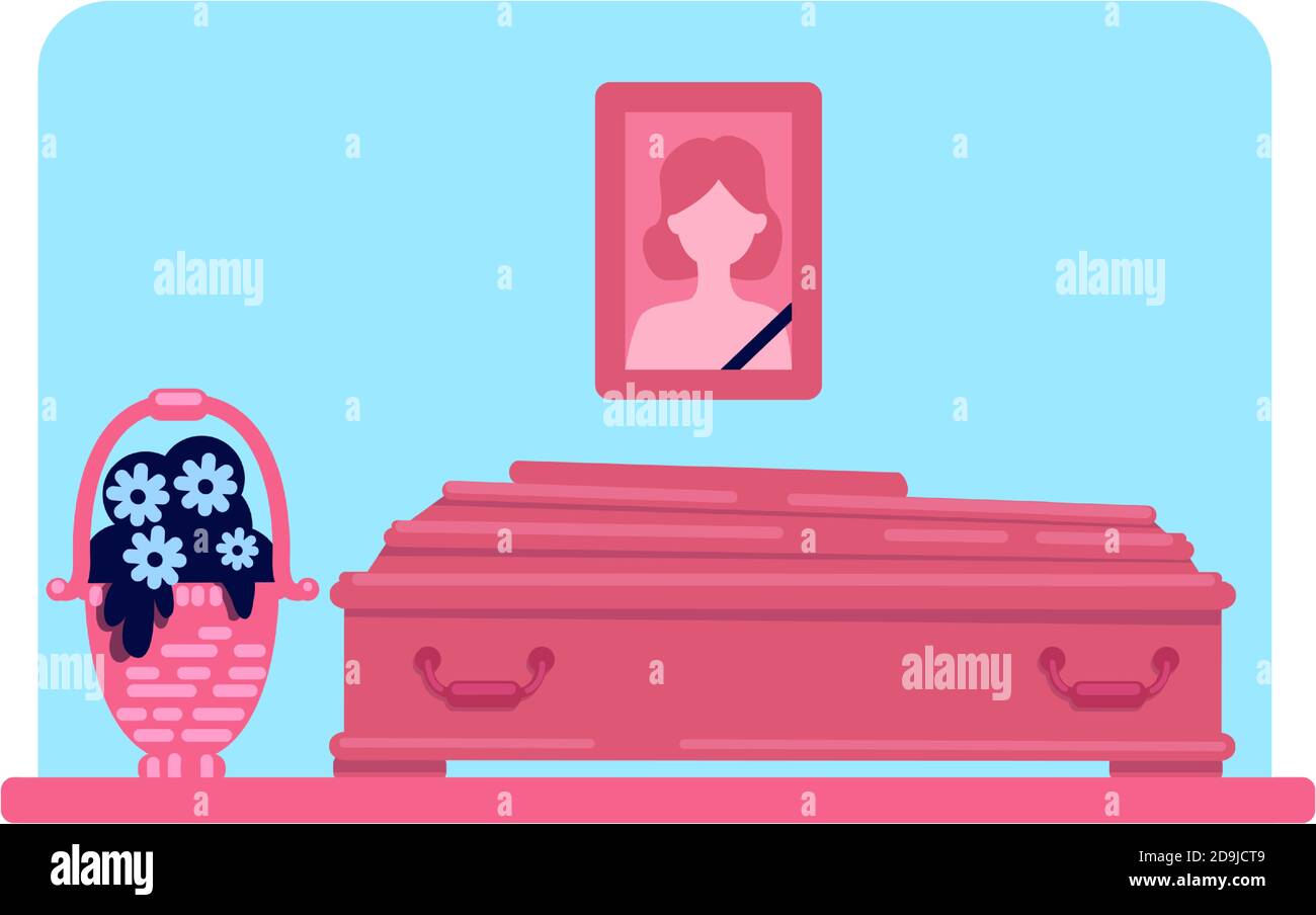 Dead woman coffin and photo flat color vector illustration Stock Vector