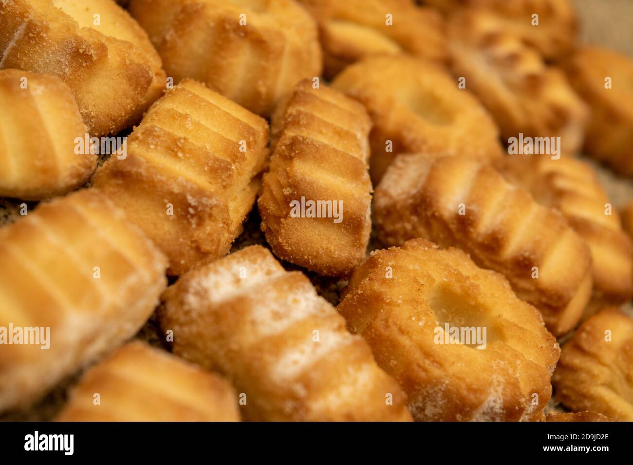 Homemade shortbread cookies on coarse burlap. Close up. Tea party Stock