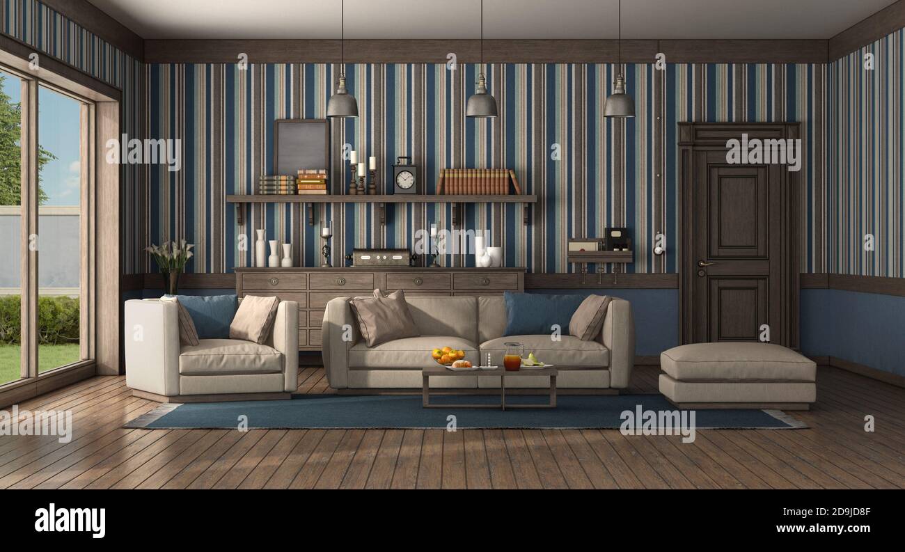 Classic style living room with modern sofa and armchair. old door and chest of drawer on background - 3d rendering Stock Photo