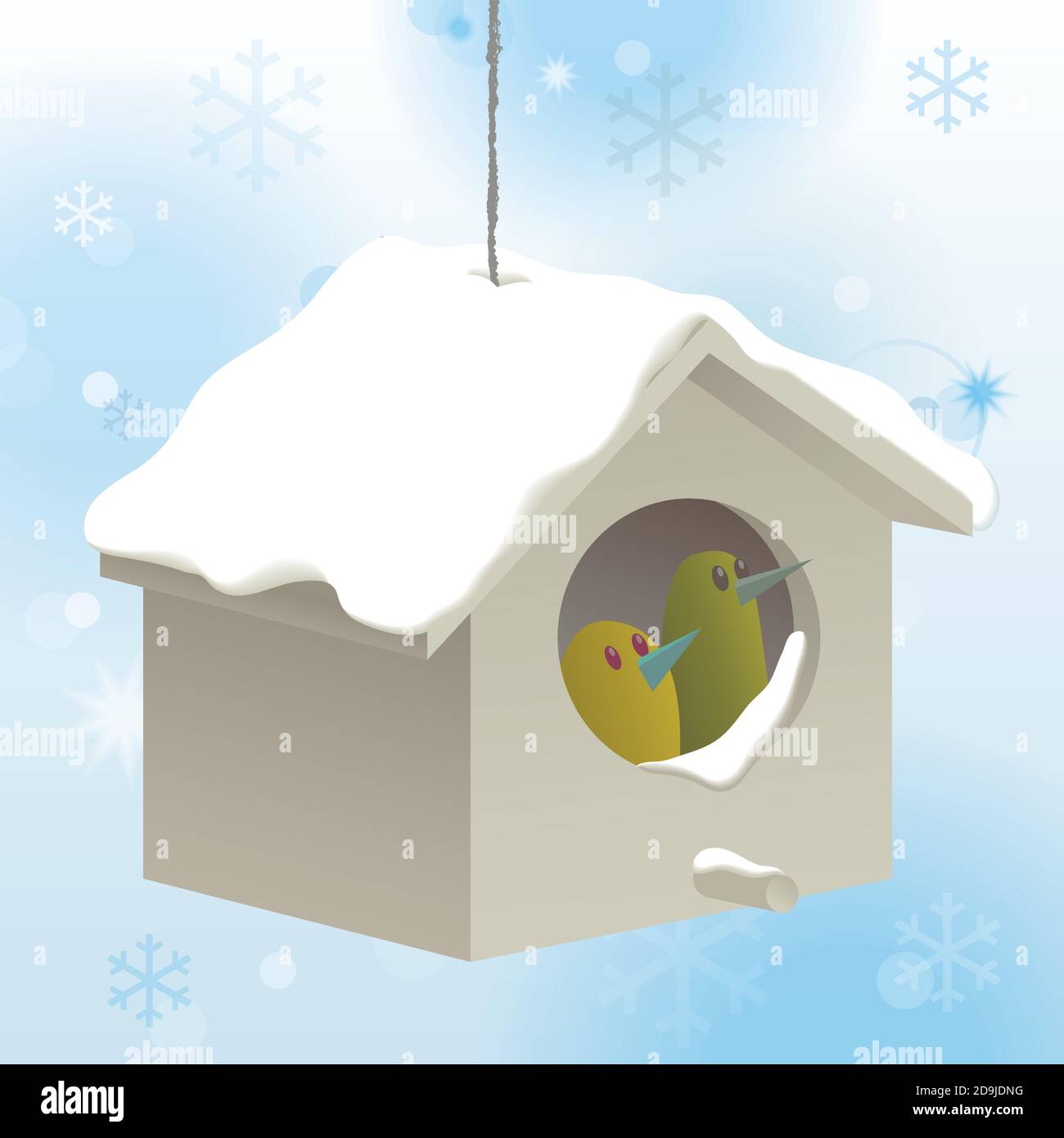 Vector illustration of two little birds in a nest box on a cold winter day. Stock Vector
