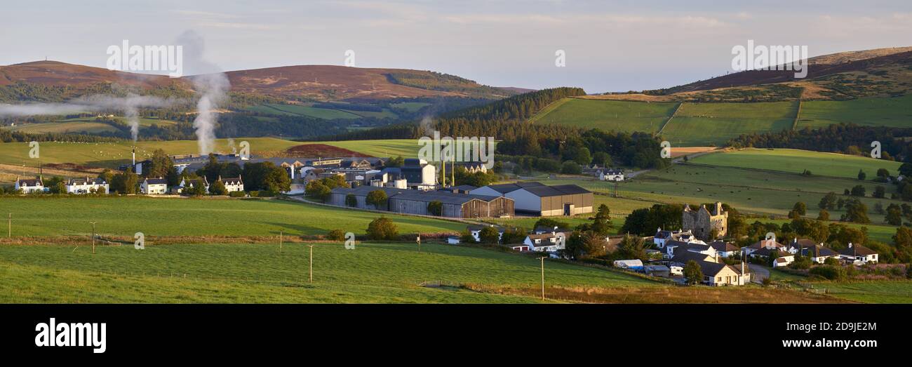 View over Glenlivet Distillery, Castleton and Blairfindy Castle, Moray, Scotland Stock Photo