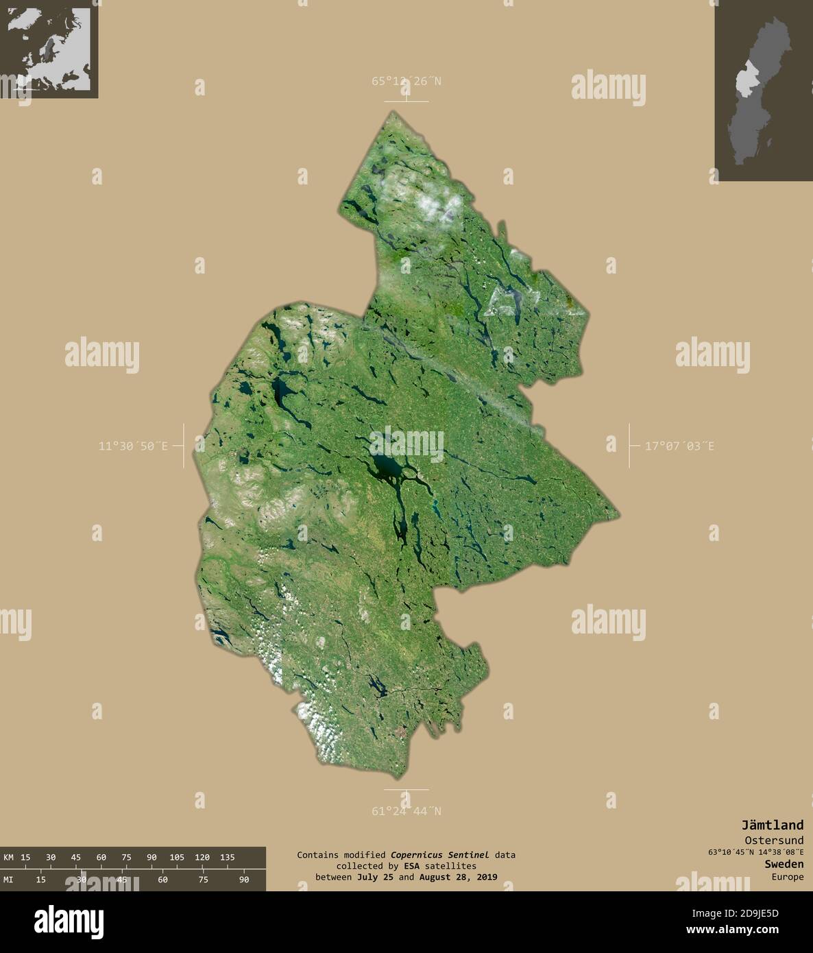 Jamtland, county of Sweden. Sentinel-2 satellite imagery. Shape isolated on solid background with informative overlays. Contains modified Copernicus S Stock Photo