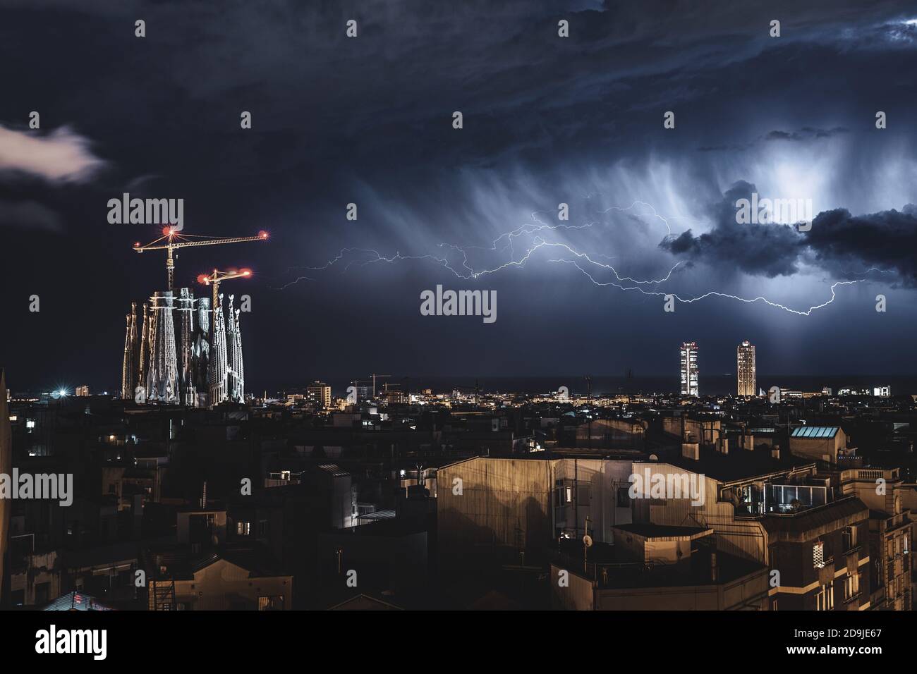 Lightnings over Barcelona city Stock Photo