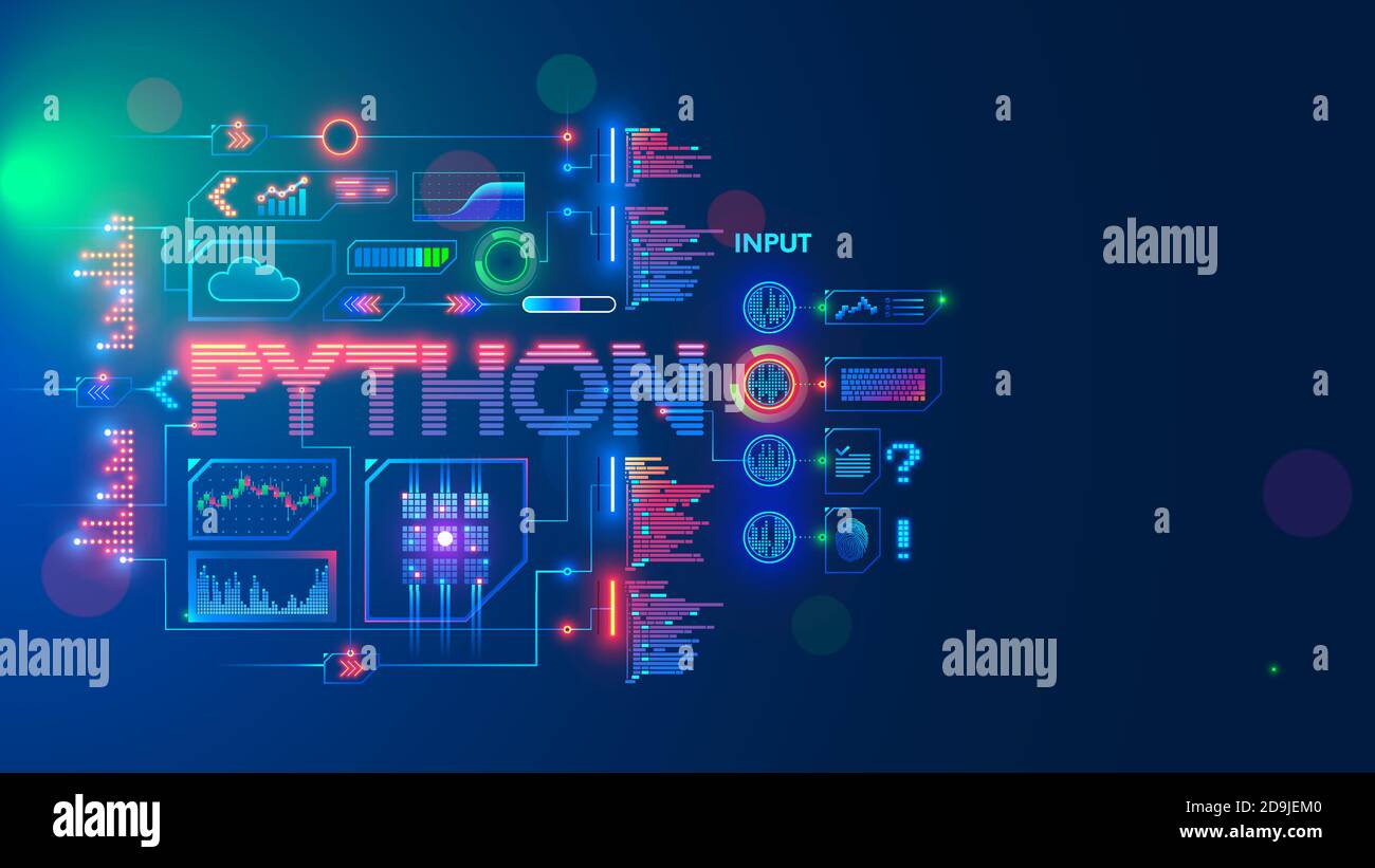 Programming language python. Conceptual banner. Education coding computer language python. Technology of software develop. Writing code, learning Stock Vector