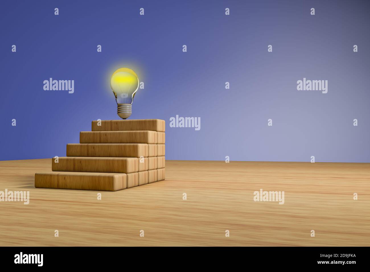 wood block stacking as step stair with a light bulb on the top ...