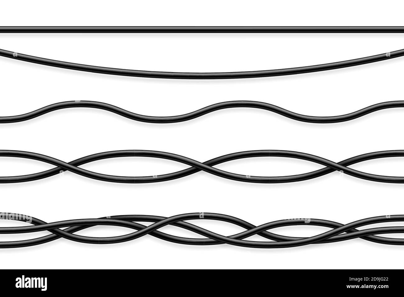 Flexible cables collection. Black electrical wire. Realistic power or