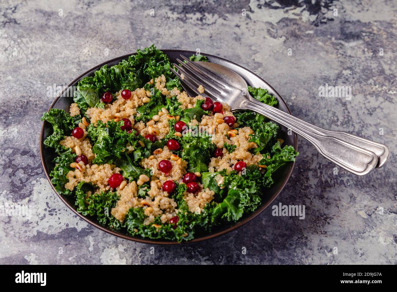 Healthy raw kale and quinoa salad with cranberry and pine nut.Selective