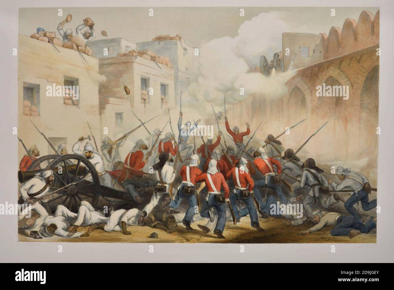 The Storming of Delhi Lithograph from the book Campaign in India 1857-58 Illustrating the military operations before Delhi ; 26 Hand coloured Lithographed plates. by George Francklin Atkinson Published by Day & Son Lithographers to the Queen in 1859 Stock Photo