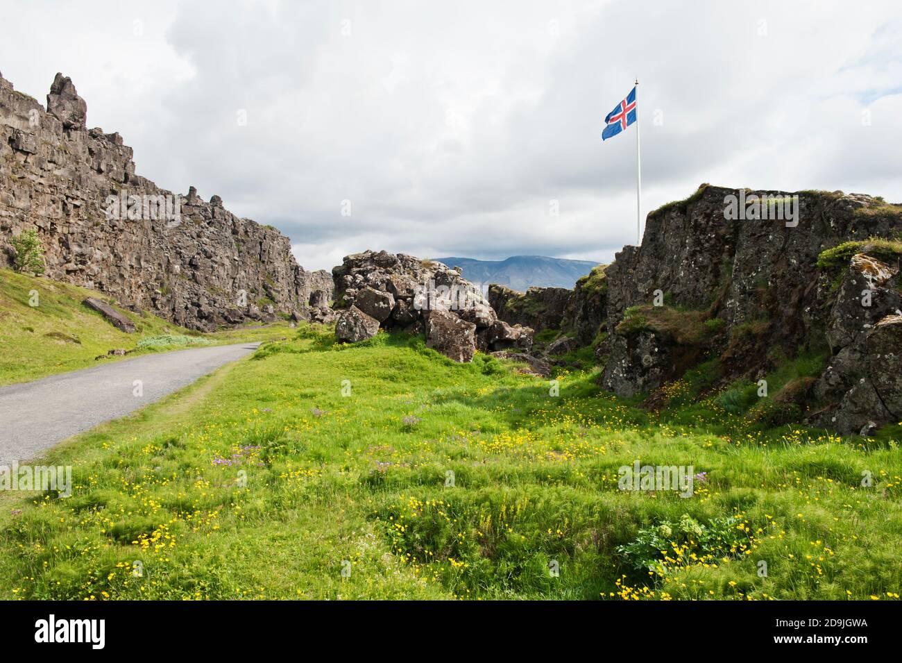 Location of Althing, the oldest parliament on the Earth, is marked by Icelandic flag. Thingvellir national park, Iceland Stock Photo