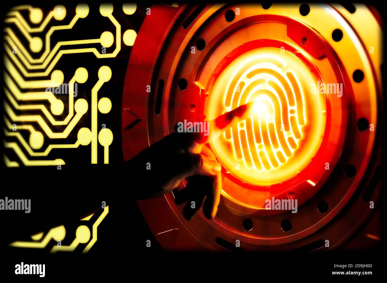 Computer security concept. Hand and padlocks symbolizing data protection in the network and personal computers. Mixed media. Stock Photo